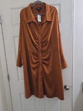 Ashley Stewart Caramel Satin Button-Front Dress